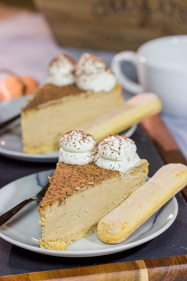 Featuring a ladyfinger crust topped with espresso cheesecake, this Tiramisu Cheesecake is a fun twist on a classic Italian dessert!