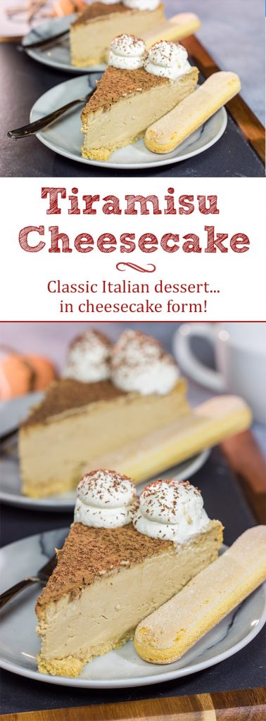 Featuring a ladyfinger crust topped with espresso cheesecake, this Tiramisu Cheesecake is a fun twist on a classic Italian dessert!