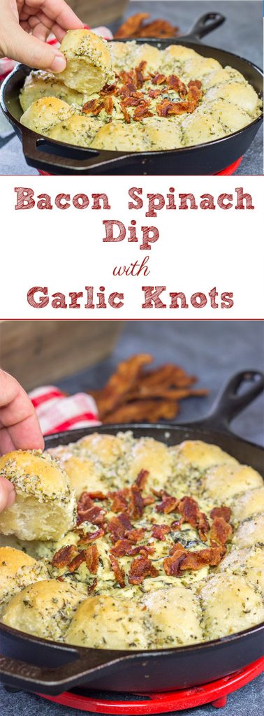 Served right out of the cast iron skillet, this Bacon Spinach Dip with Garlic Knots makes for a fun and tasty Super Bowl appetizer!