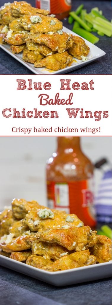 Baked crispy chicken wings. That's right. Baked! These Blue Heat Baked Chicken Wings feature a tasty combination of buffalo sauce and homemade blue cheese dressing.