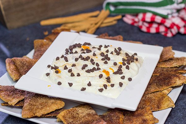 Don't forget the sweet treats on your appetizer table! This Cannoli Dip with Cinnamon Sugar Pita Chips takes almost no time to make. It's sure to be a party favorite!