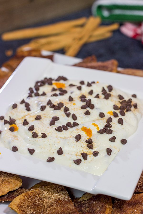 Don't forget the sweet treats on your appetizer table! This Cannoli Dip with Cinnamon Sugar Pita Chips takes almost no time to make. It's sure to be a party favorite!