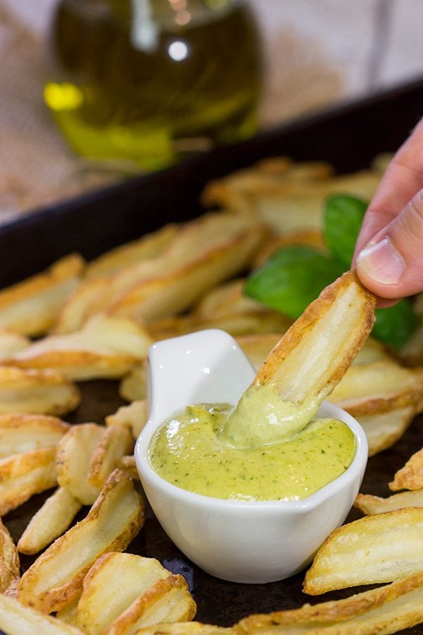 This Garlic Pesto Aioli makes for an excellent fry dipping sauce...and it's ready in less than 5 minutes!