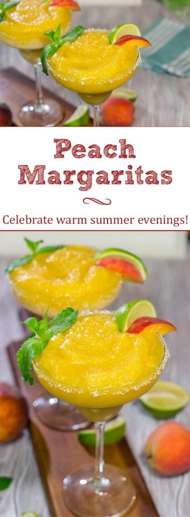 Grab the margarita glasses and celebrate warm summer evenings with a pitcher of these Peach Margaritas! Cheers!