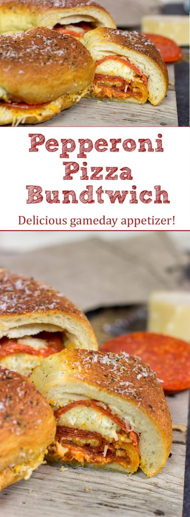 A cross between pizza and a sandwich, this Pepperoni Pizza Bundtwich is packed with flavor! It's the perfect gameday appetizer!