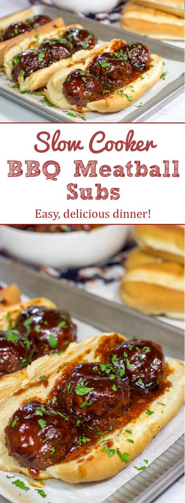These Slow Cooker BBQ Meatball Subs are an easy and delicious comfort dinner. Perfect for cold winter days!