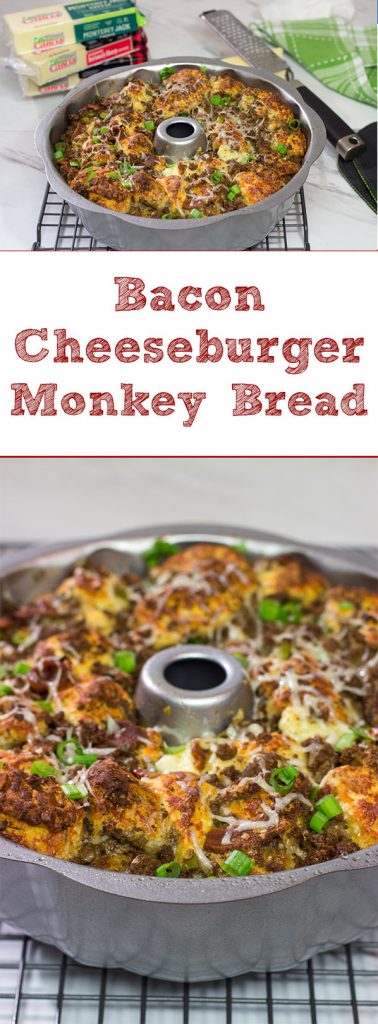 Packed with seasoned ground beef, bacon and two types of cheese, this Bacon Cheeseburger Monkey Bread makes for one heck of a delicious gameday appetizer!