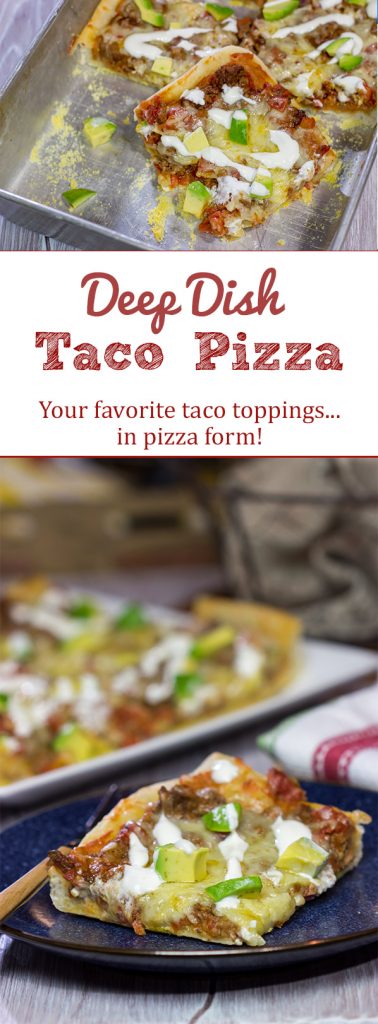 Make tonight a taco...err, pizza...night! This Deep Dish Taco Pizza is a fun way to enjoy your favorite taco toppings in pizza form!