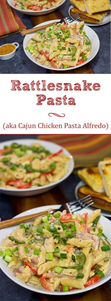This Rattlesnake Pasta is essentially Cajun Chicken Pasta Alfredo. That sounds delicious in its own right, but Rattlesnake Pasta adds an element of intrigue!