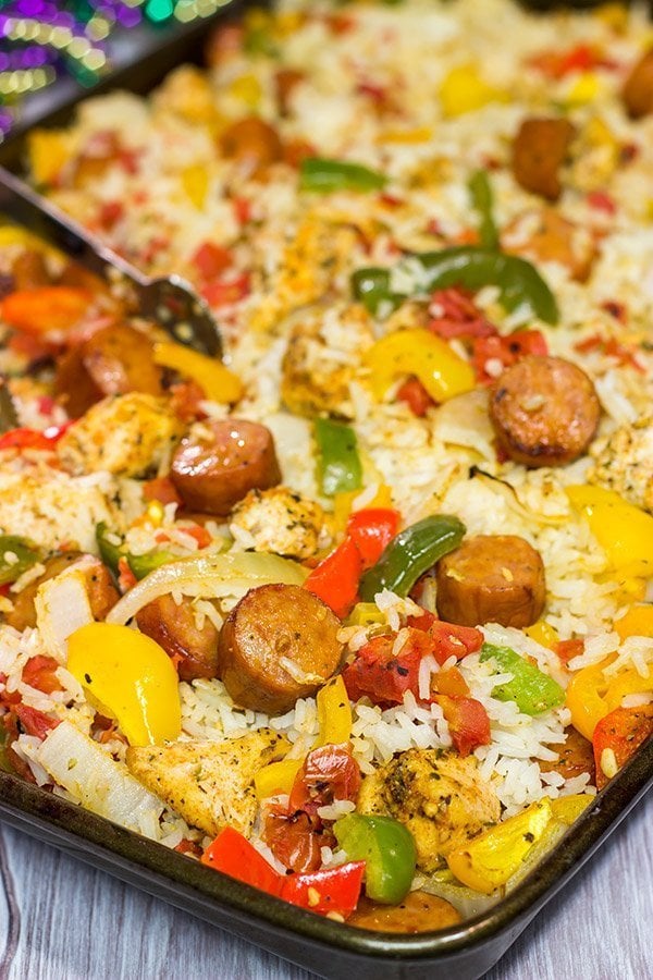 Looking for an easy and delicious dinner idea?  This Sheet Pan Jambalaya is a new favorite in our house!  (And it tastes amazing for leftover lunch the next day, too!)