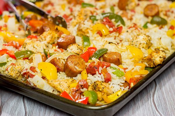 Looking for an easy and delicious dinner idea? This Sheet Pan Jambalaya is a new favorite in our house! (And it tastes amazing for leftover lunch the next day, too!)