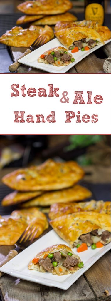 These Steak and Ale Hand Pies feature juicy sirloin steak tips simmered in dark beer.  Add in the flaky biscuit dough, and you've got one heck of a delicious cold weather comfort food!