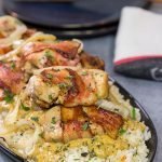 These Bacon-Wrapped Chicken Thighs are served over seasoned rice with a Dijon cream sauce.  Sounds fancy, right?  But this recipe came out of your own kitchen!