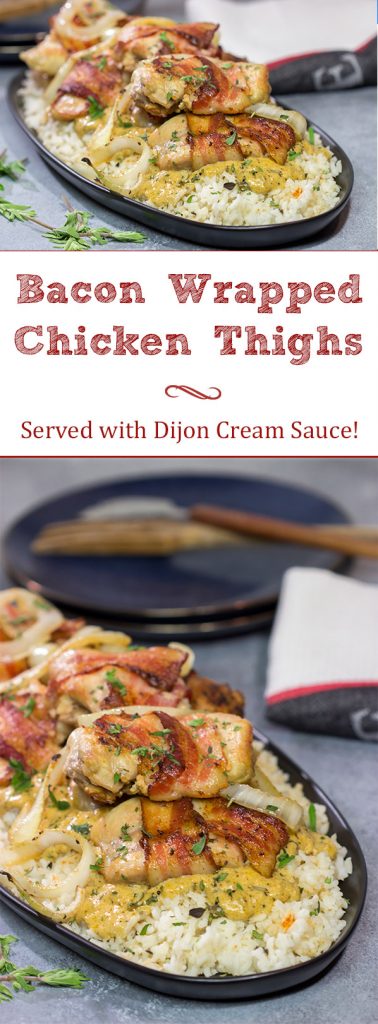 These Bacon-Wrapped Chicken Thighs are served over seasoned rice with a Dijon cream sauce. Sounds fancy, right? But this recipe came out of your own kitchen!