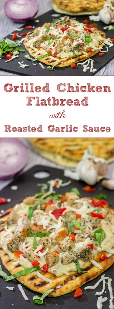 This Grilled Chicken Flatbread features juicy chunks of chicken over a roasted garlic sauce. Served on tasty naan or flatbread, this recipe will have you coming back for more!