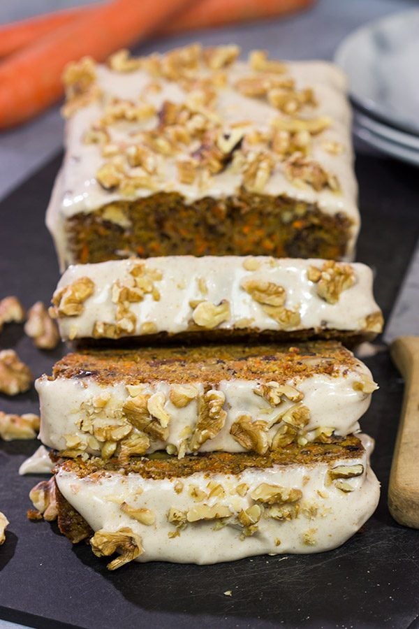 Garnished with toasted walnuts, a slice of this Iced Carrot Cake makes for a great mid-morning treat along with a cup of coffee!