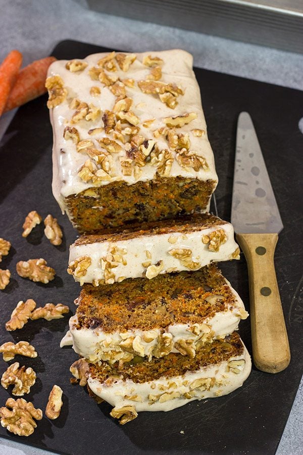 Garnished with toasted walnuts, a slice of this Iced Carrot Cake makes for a great mid-morning treat along with a cup of coffee!