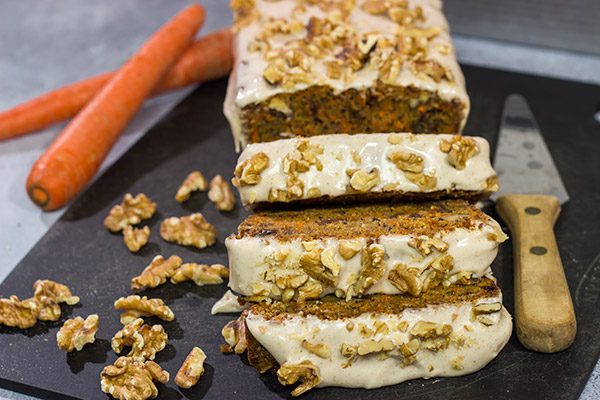 Garnished with toasted walnuts, a slice of this Iced Carrot Cake makes for a great mid-morning treat along with a cup of coffee!