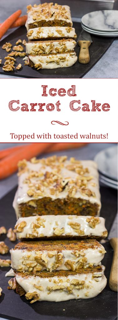 Garnished with toasted walnuts, a slice of this Iced Carrot Cake makes for a great mid-morning treat along with a cup of coffee!