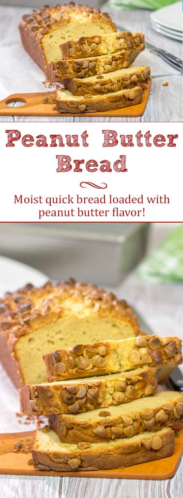 Topped with peanut butter baking chips, this Peanut Butter Bread is a moist cake-like quick bread that's perfect for snacking or dessert!