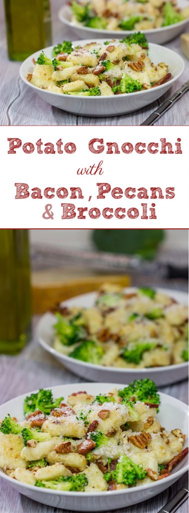 This Potato Gnocchi with Bacon, Pecans and Broccoli features fluffy gnocchi combined with crunchy pecans and bacon. Finish with a drizzle of olive oil for a delicious meal!