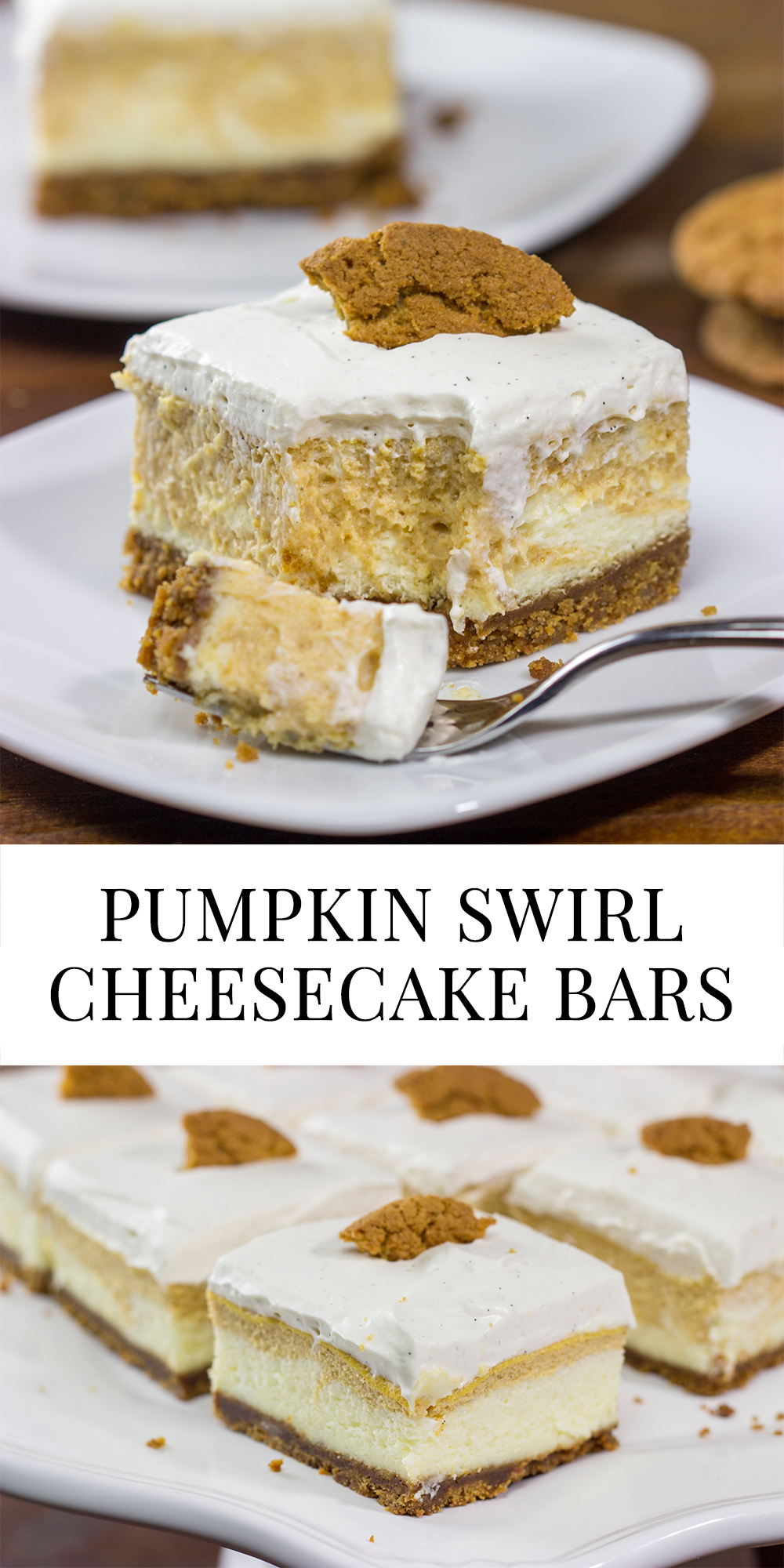 These Pumpkin Swirl Cheesecake Bars feature creamy cheesecake topped with a vanilla bean whipped cream...all over a gingersnap crust! Talk about the perfect Autumn dessert!