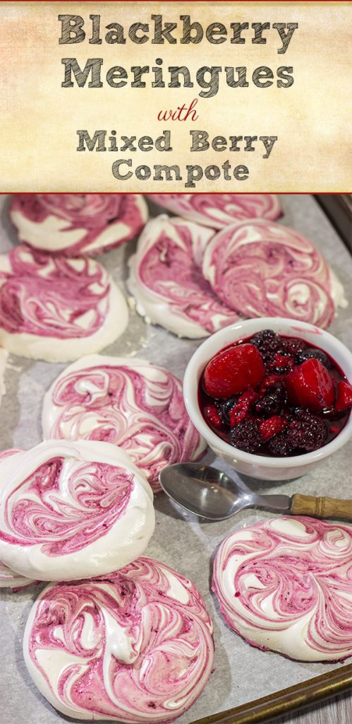 These Blackberry Meringues with Mixed Berry Compote are a light, airy dessert that's perfect for summer picnics!