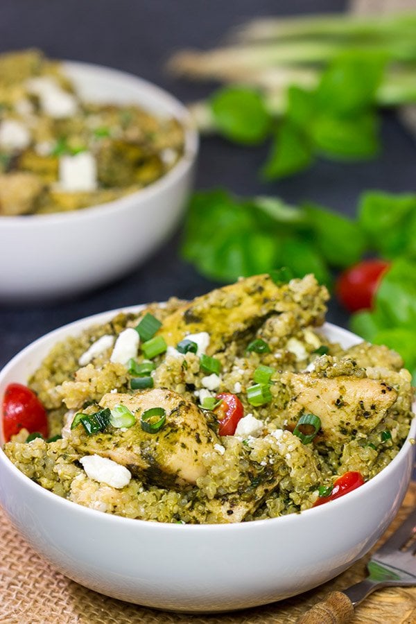 This Pesto Chicken Quinoa is an easy recipe that really highlights all of the fresh flavors of summer! Enjoy!