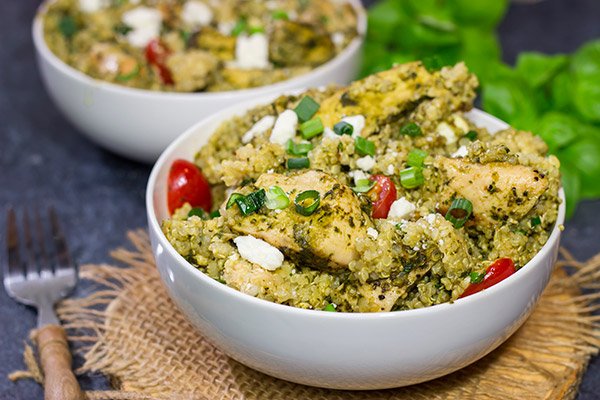 This Pesto Chicken Quinoa is an easy recipe that really highlights all of the fresh flavors of summer!  Enjoy!