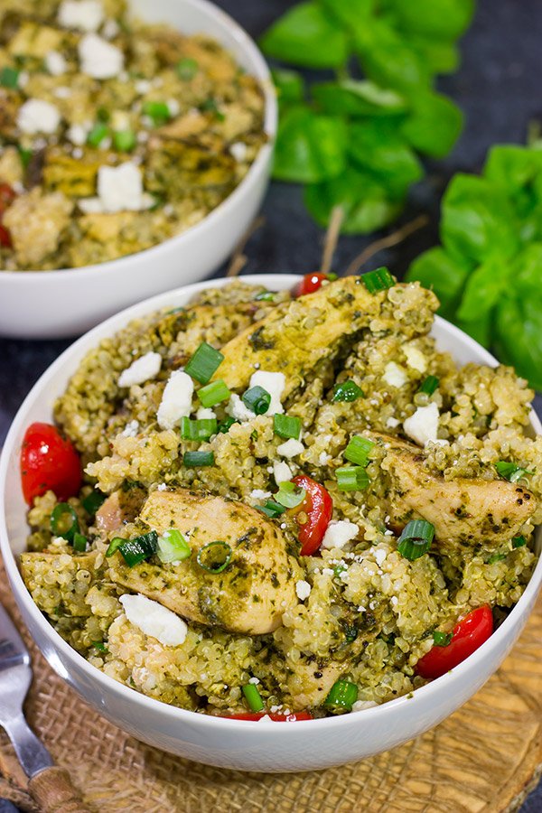 This Pesto Chicken Quinoa is an easy recipe that really highlights all of the fresh flavors of summer!  Enjoy!