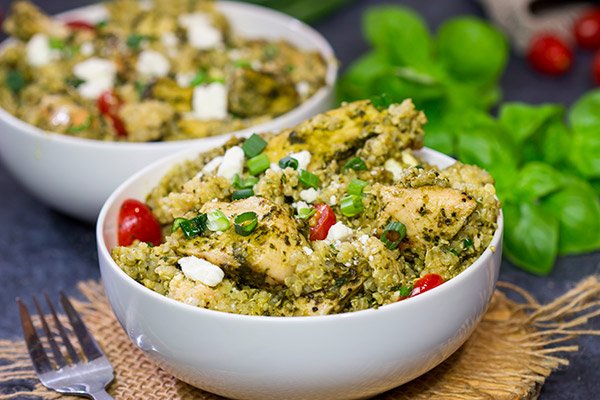 This Pesto Chicken Quinoa is an easy recipe that really highlights all of the fresh flavors of summer!  Enjoy!