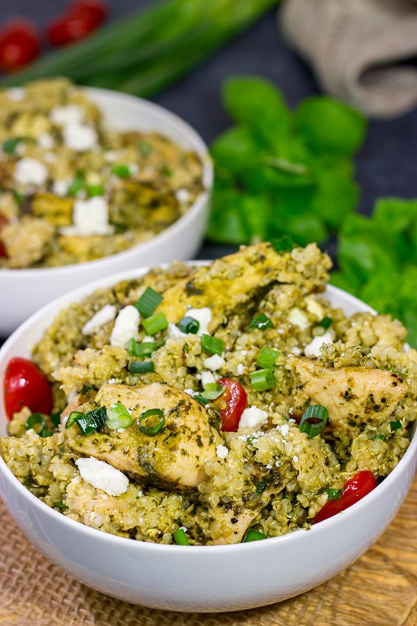 This Pesto Chicken Quinoa is an easy recipe that really highlights all of the fresh flavors of summer!  Enjoy!