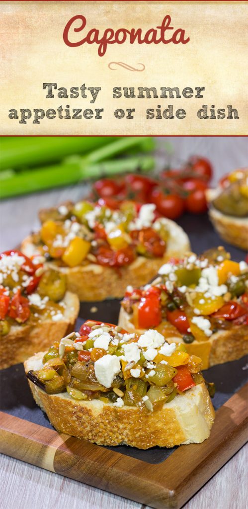 Caponata is a tasty and colorful summer recipe. Serve it as an appetizer with toasted bread or as a side dish alongside grilled fish or chicken!