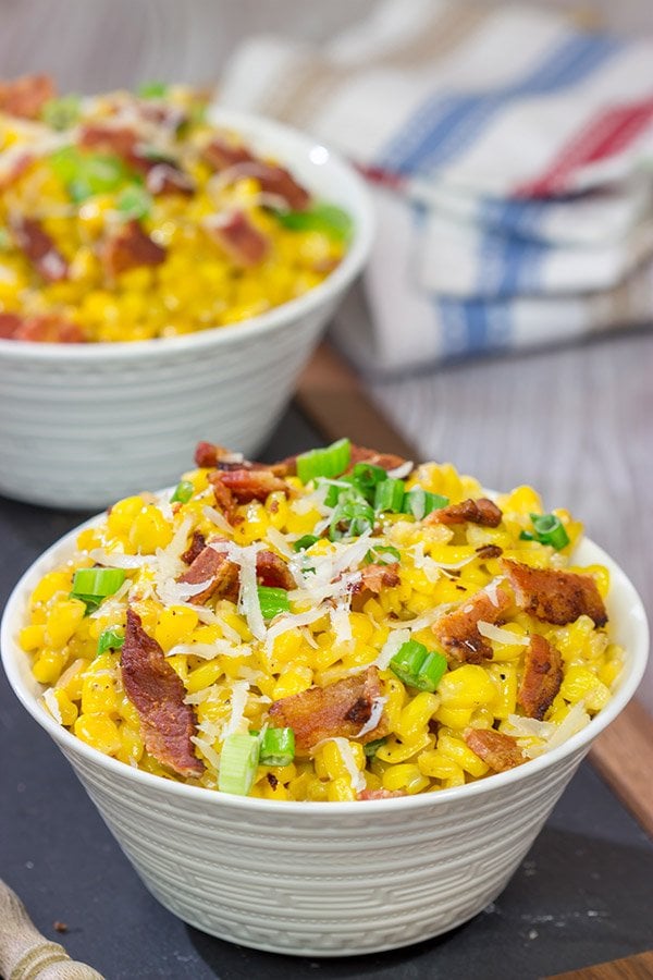 Fresh summer corn.  Crispy bacon.  Parmesan cheese.  This Creamed Corn with Bacon is a delicious side dish for summer grilling!