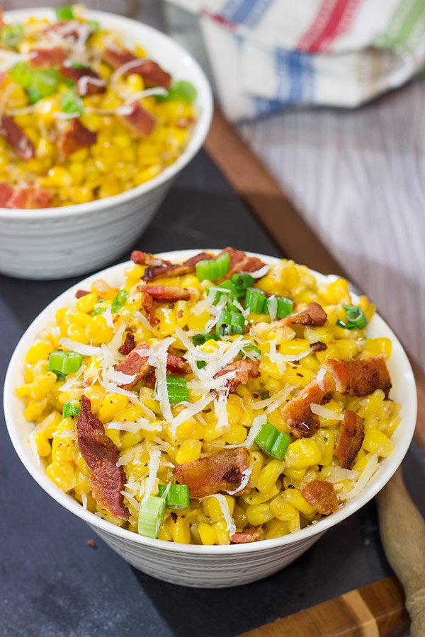 Fresh summer corn.  Crispy bacon.  Parmesan cheese.  This Creamed Corn with Bacon is a delicious side dish for summer grilling!