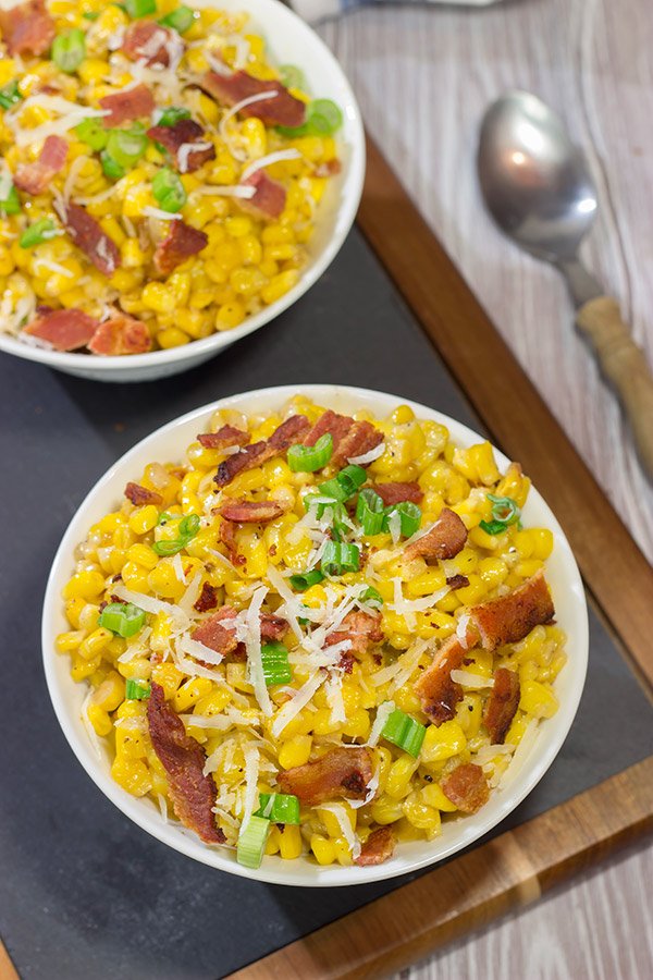 Fresh summer corn.  Crispy bacon.  Parmesan cheese.  This Creamed Corn with Bacon is a delicious side dish for summer grilling!