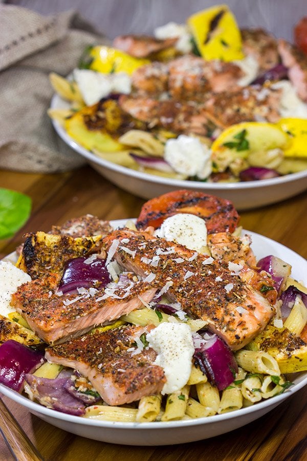 Packed with big flavors, this Grilled Blackened Salmon Pasta is a tasty way to enjoy summer grilling season!