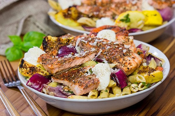 Packed with big flavors, this Grilled Blackened Salmon Pasta is a tasty way to enjoy summer grilling season!