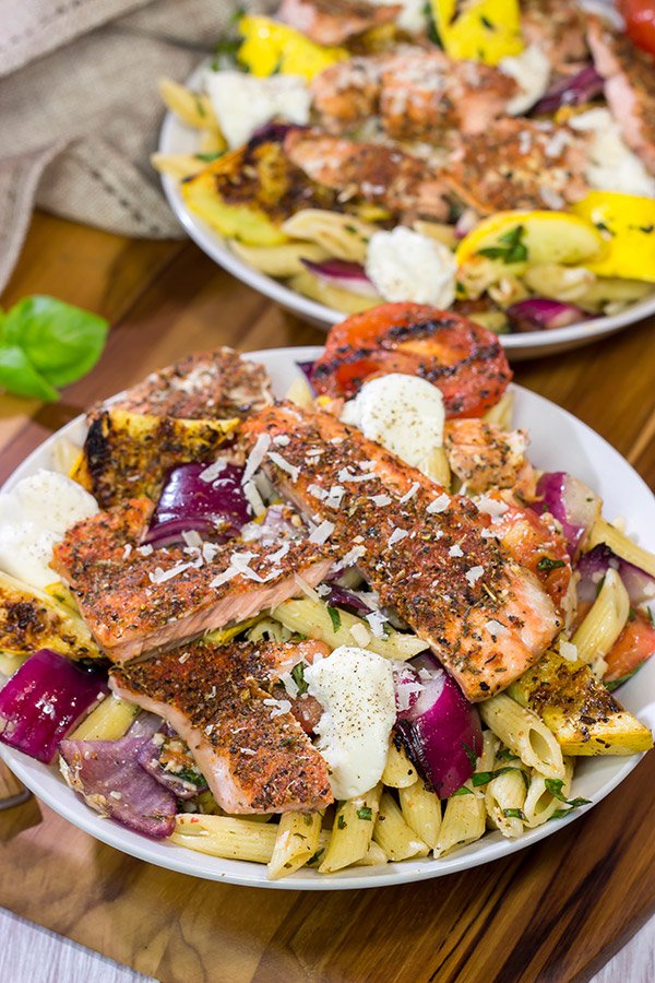 Packed with big flavors, this Grilled Blackened Salmon Pasta is a tasty way to enjoy summer grilling season!