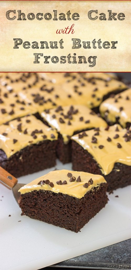 This Chocolate Cake with Peanut Butter Frosting is moist, delicious and super easy to make! Plus, you probably have all of the ingredients in your pantry right now!