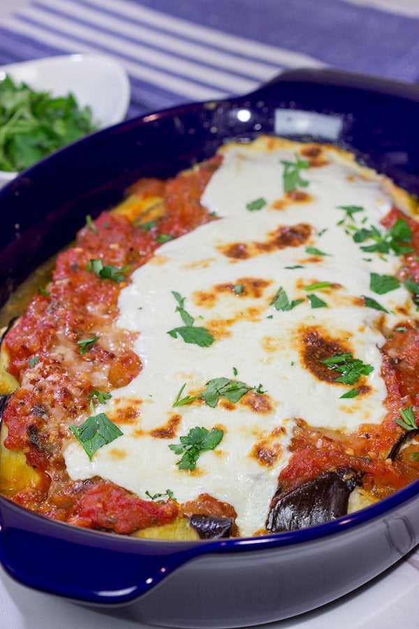 Eggplant Involtini is a classic Italian recipe.  This version features a lemon herb ricotta filling rolled up inside of slices of roasted eggplant.  It's delicious!