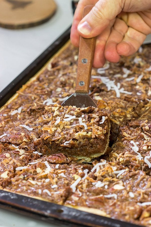 Studded with chopped pecans and shredded coconut, this German Chocolate Slab Pie is a tasty (and easy) way to feed a crowd!