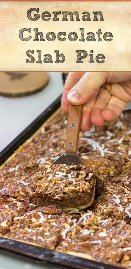 Studded with chopped pecans and shredded coconut, this German Chocolate Slab Pie is a tasty (and easy) way to feed a crowd!