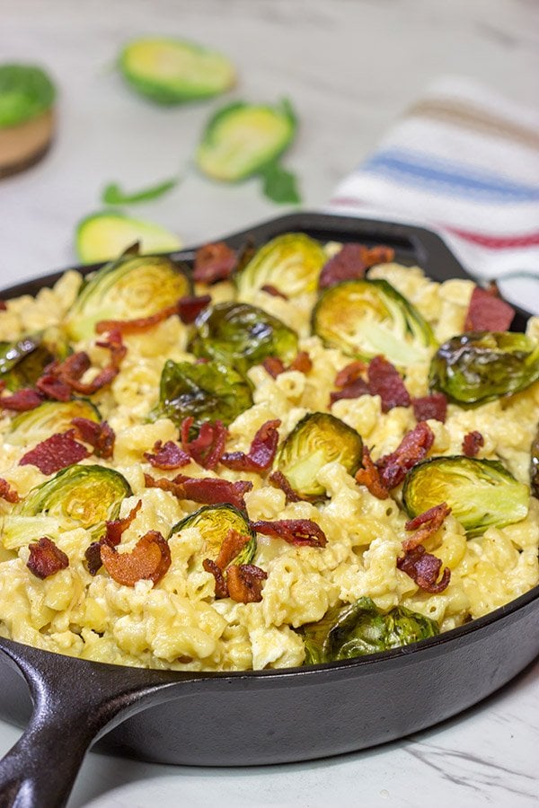 This Mac and Cheese with Bacon and Roasted Brussels Sprouts features creamy macaroni and cheese combined with crispy bacon and roasted Brussels.  It's a meal in itself!