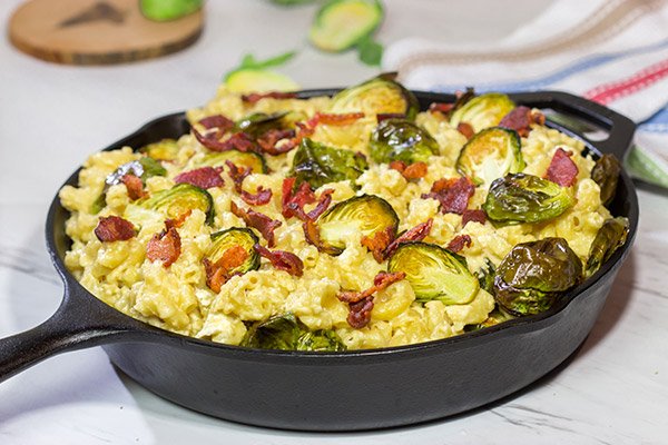 This Mac and Cheese with Bacon and Roasted Brussels Sprouts features creamy macaroni and cheese combined with crispy bacon and roasted Brussels.  It's a meal in itself!