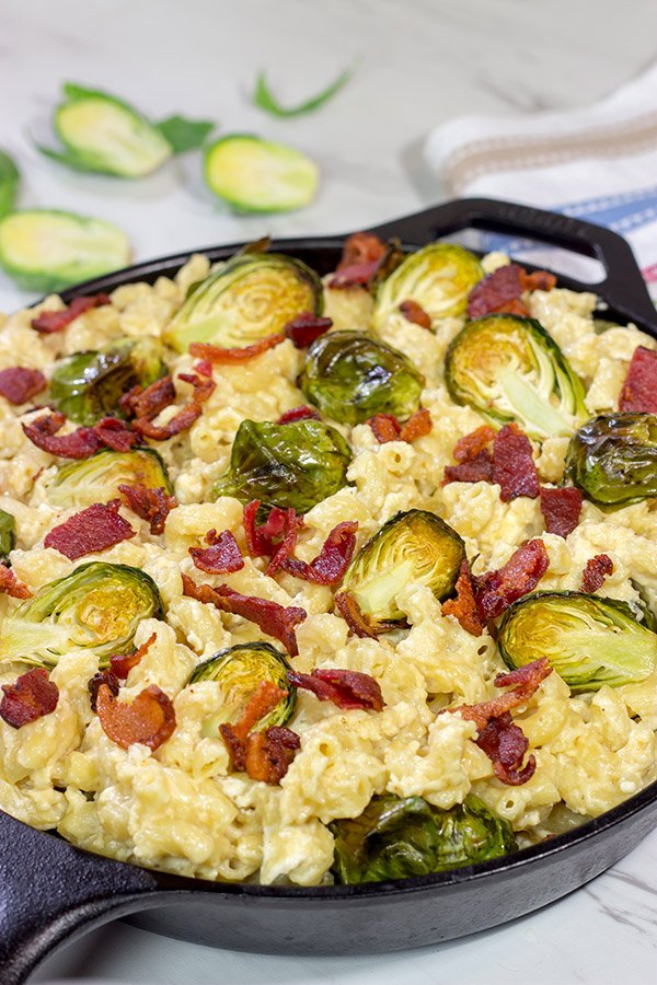 This Mac and Cheese with Bacon and Roasted Brussels Sprouts features creamy macaroni and cheese combined with crispy bacon and roasted Brussels.  It's a meal in itself!