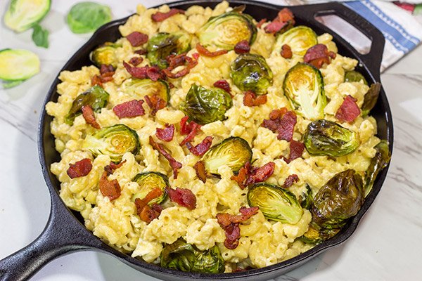 This Mac and Cheese with Bacon and Roasted Brussels Sprouts features creamy macaroni and cheese combined with crispy bacon and roasted Brussels.  It's a meal in itself!