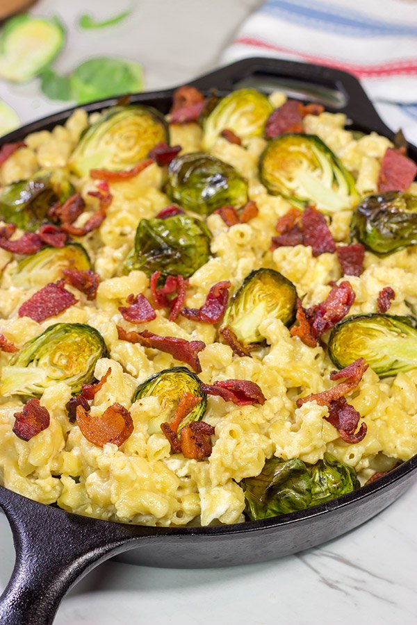 This Mac and Cheese with Bacon and Roasted Brussels Sprouts features creamy macaroni and cheese combined with crispy bacon and roasted Brussels.  It's a meal in itself!