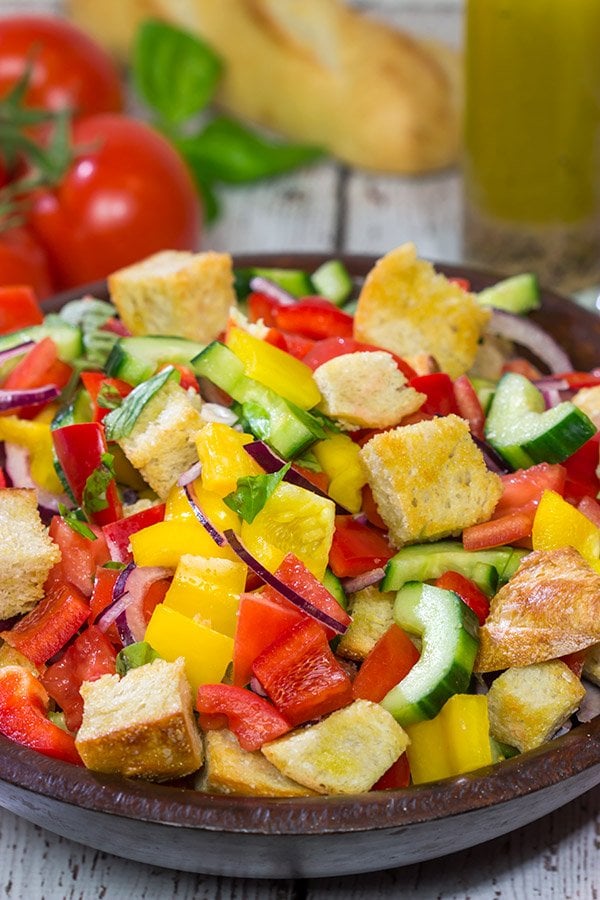 Packed with fresh veggies and perfectly toasted bread cubes, Panzanella is a classic side dish that's great for summer entertaining!