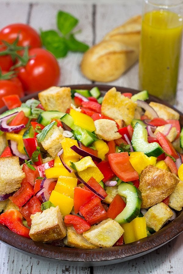 Packed with fresh veggies and perfectly toasted bread cubes, Panzanella is a classic side dish that's great for summer entertaining!